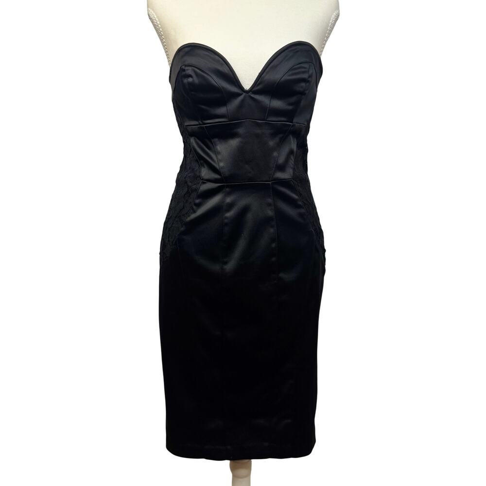 bebe Strapless Black Satin Lace Sheath Dress Women’s Medium Bodycon Bombshell